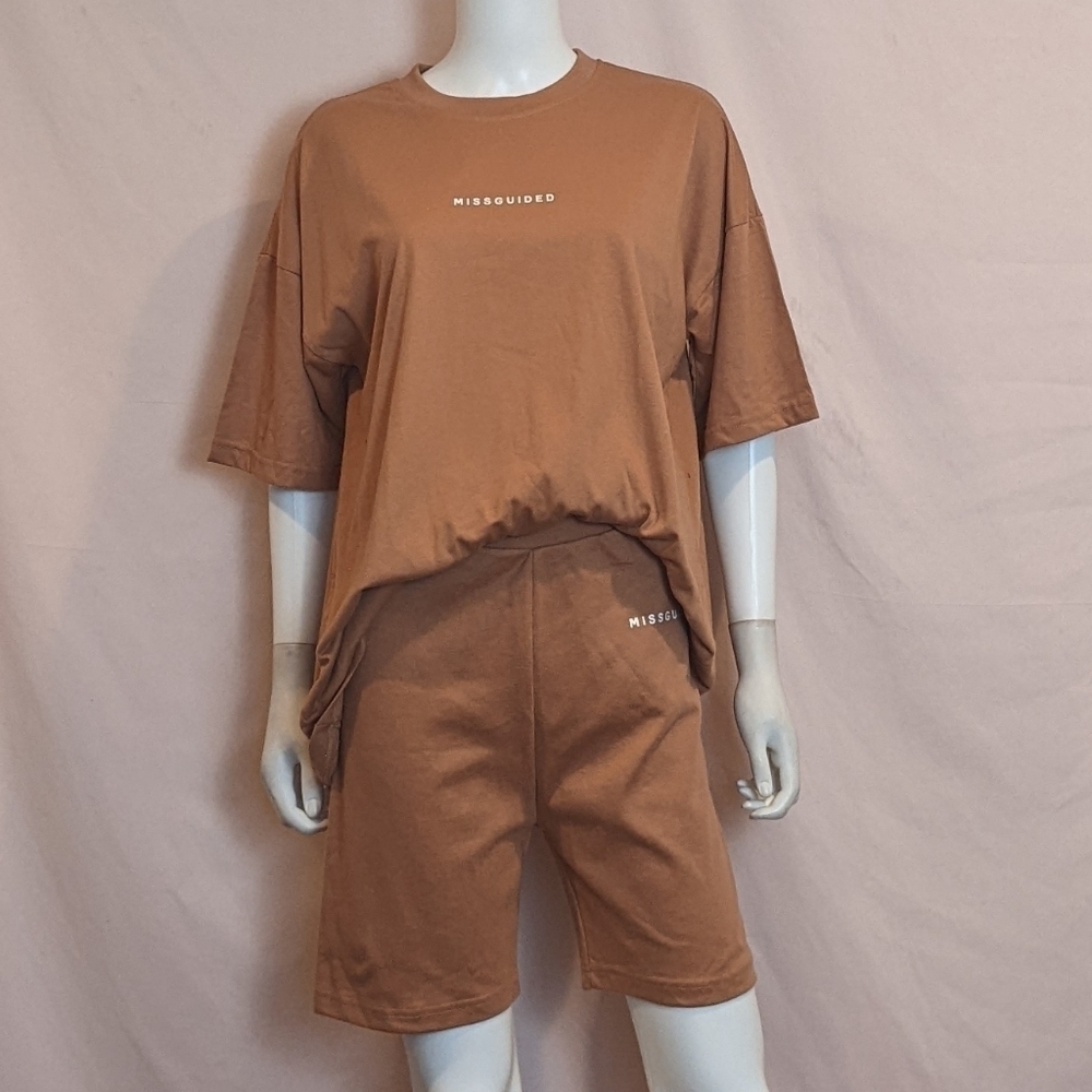 Missguided Tan Matching T Shirt and Cycling Shorts Set size 8